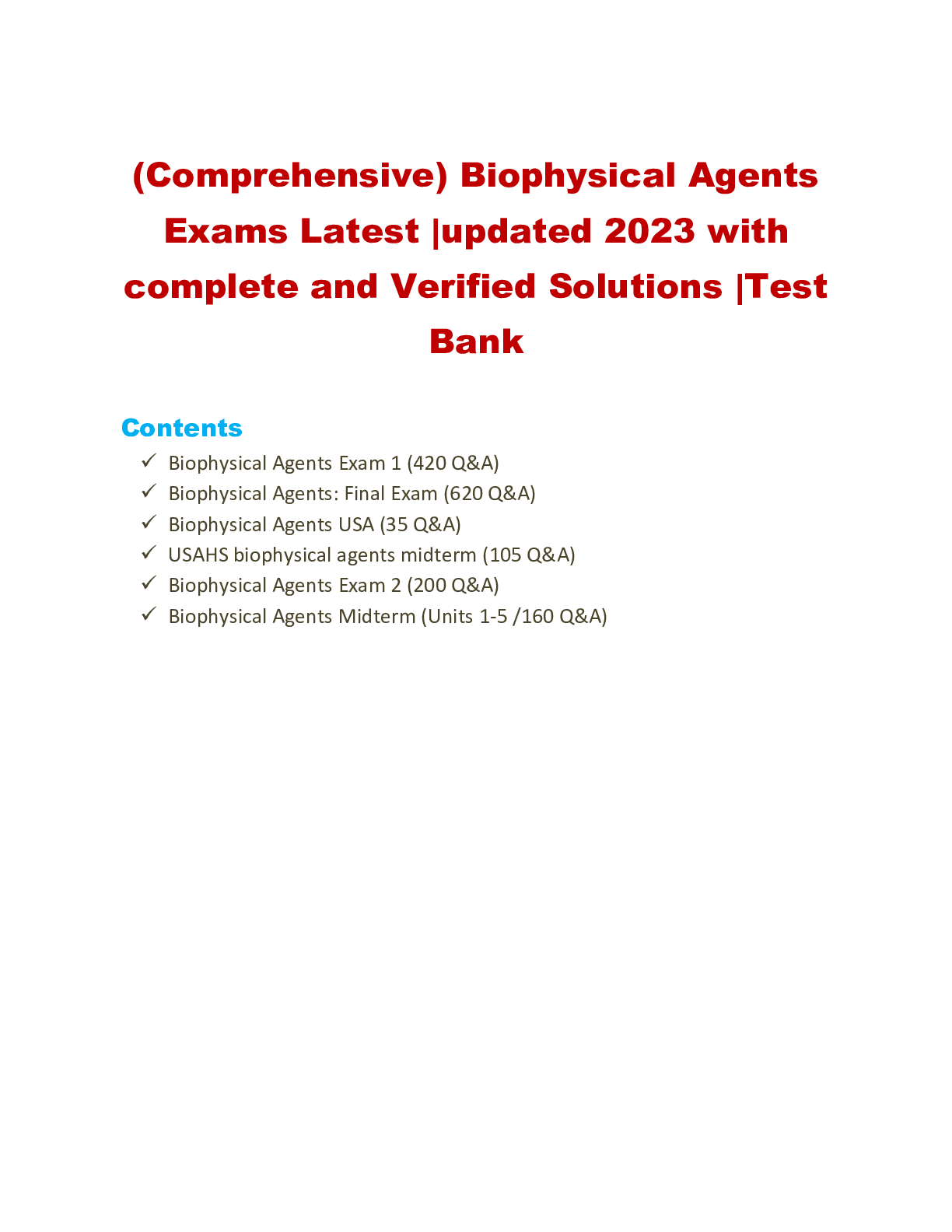 Preview image for (Comprehensive) Biophysical Agents Exams Latest |updated 2023 with complete and Verified Solutions |Test Bank